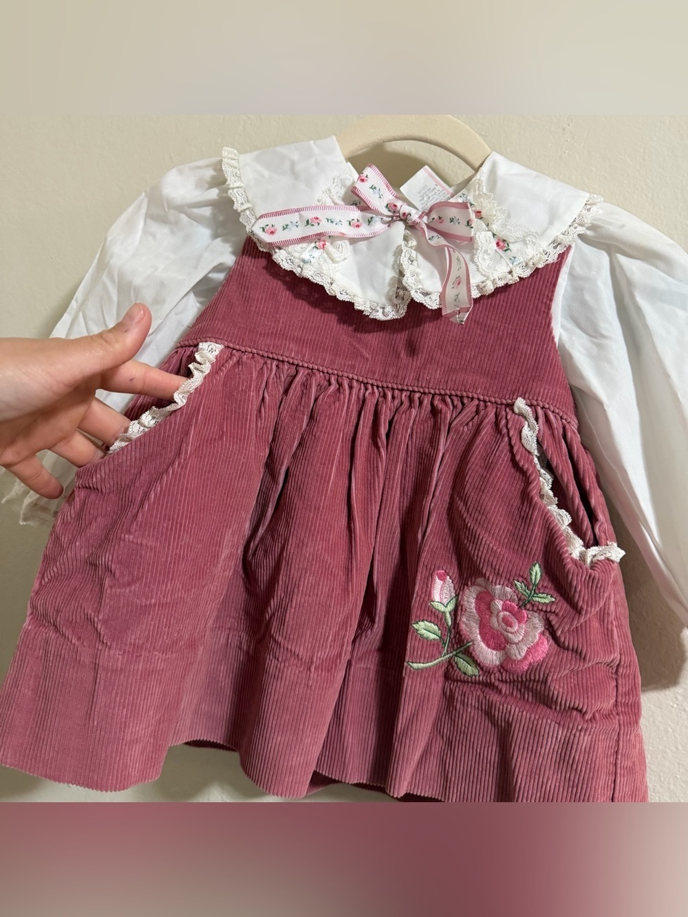 Vintage Toddler Girl 2-Piece Set Rose Pink Corduroy Pinafore & Lace Blouse 3T - Picture 14 of 14